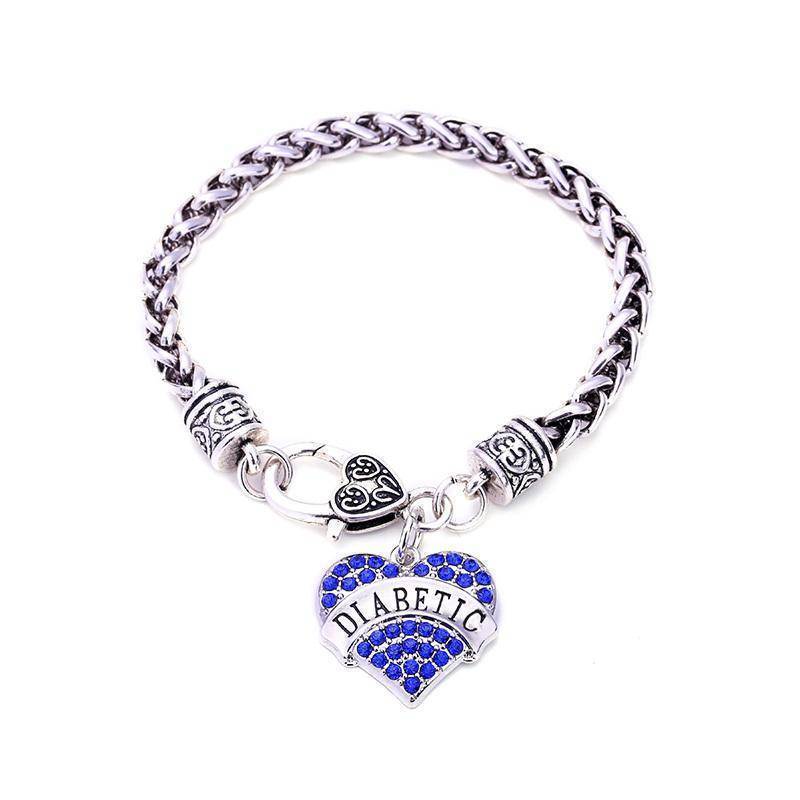 Womens Diabetic Medical Alert ID Bracelet - Pink, Blue, Clear or Red Crystal Hearts - Diabetes