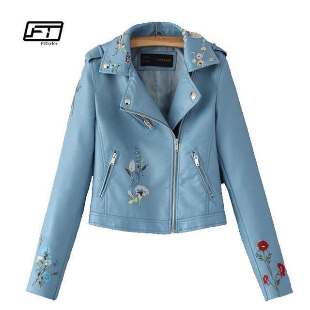 Embroidered Bomber Faux Leather Jacket