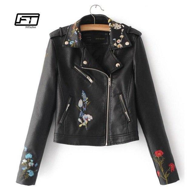 Embroidered Bomber Faux Leather Jacket