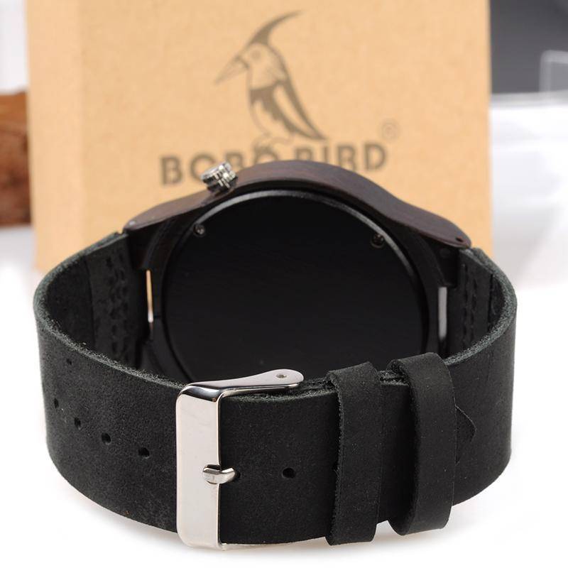 Men's Ebony Wooden Watch with Wood Face and Leather Band