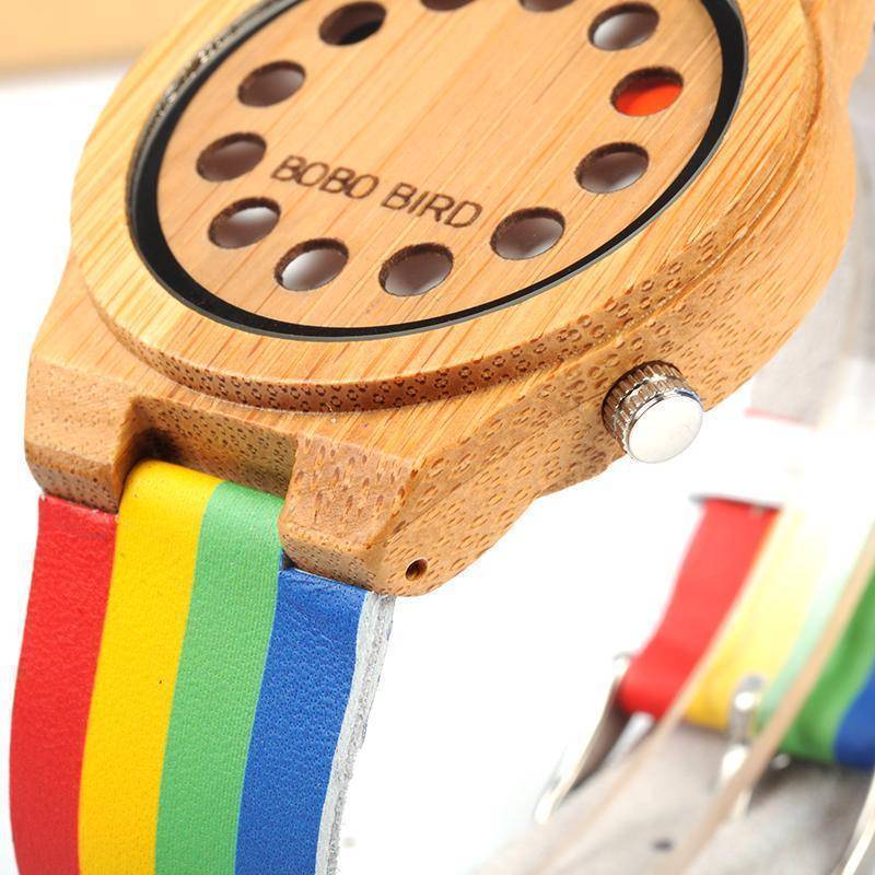 Bamboo Wood Unisex Watch - Rainbow Leather Band With Wooden Gift Box