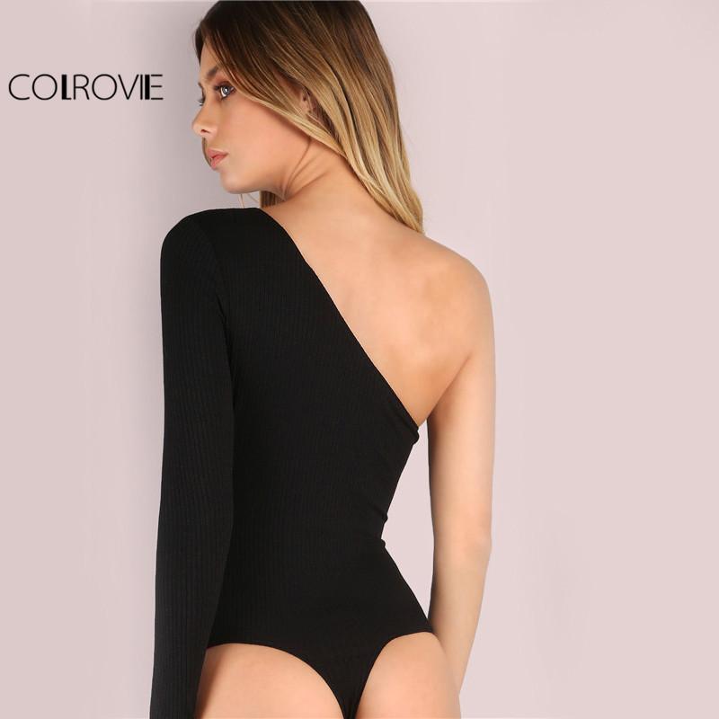 COLROVIE Basic Black One Shoulder Bodysuit