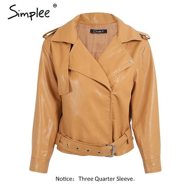 Faux Leather Coat Fashion yellow three quarter sleeve