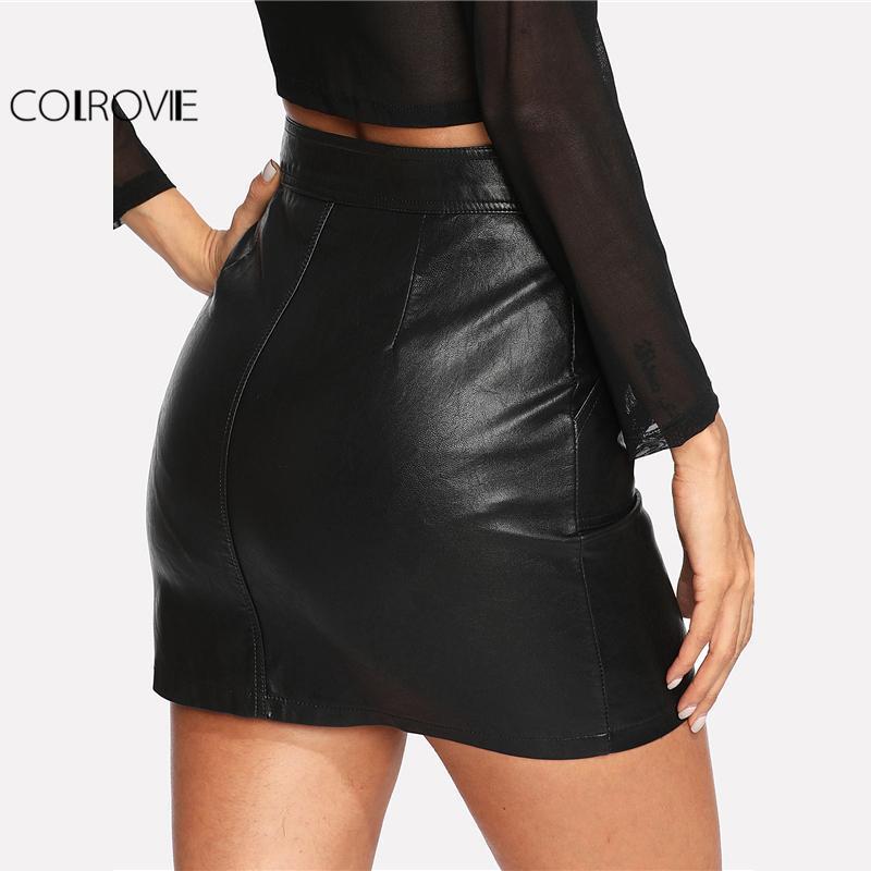COLROVIE 2018 Plain Faux Mini Black Leather Skirt