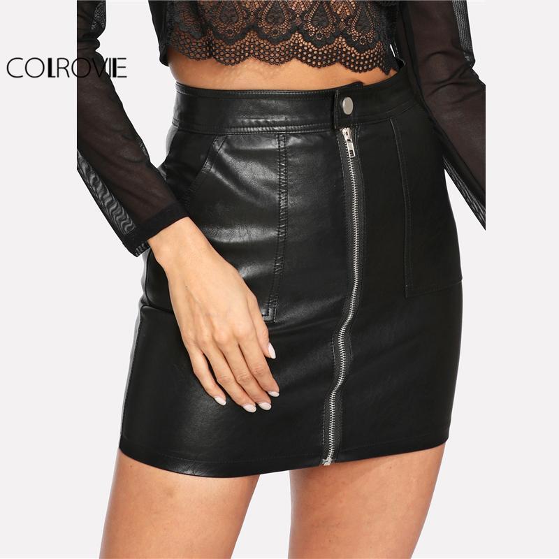 COLROVIE 2018 Plain Faux Mini Black Leather Skirt