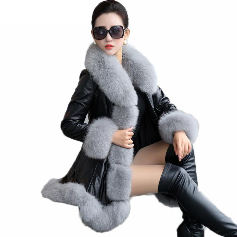 Women's Leather Jacket Faux Fox Fur Collar