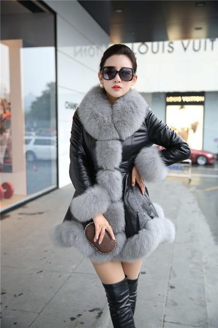 Women's Leather Jacket Faux Fox Fur Collar
