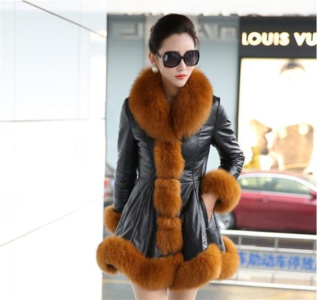 Women's Leather Jacket Faux Fox Fur Collar