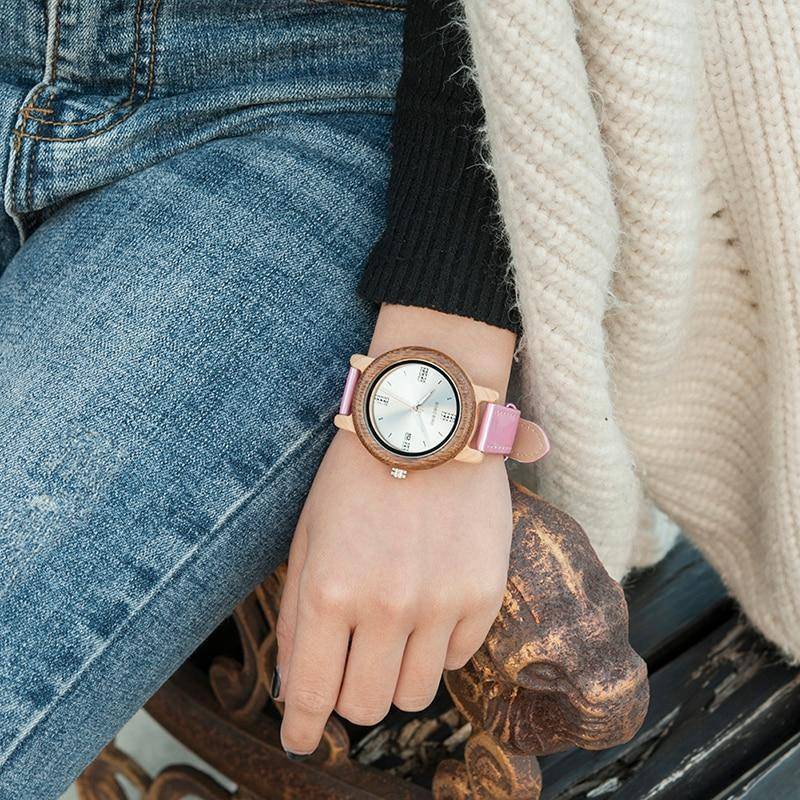 Womens Wooden Watch (Pink or Red) With Date Display