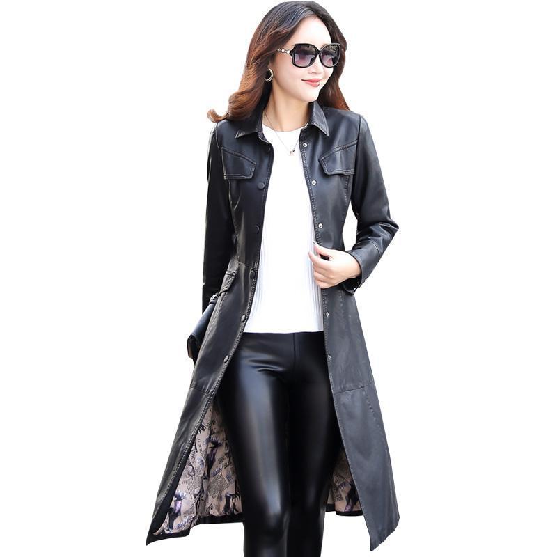 Women Long Leather Jacket 2018 New Fashion