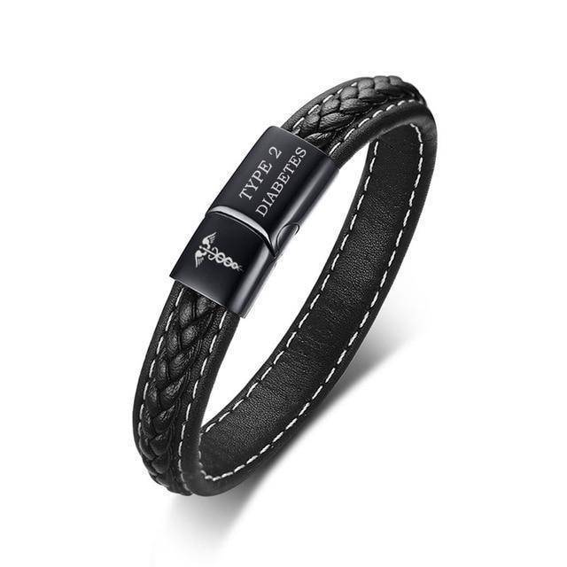 Mens Diabetic Medical Alert ID Bracelet - Stitched Black Leather - For Type 1 and Type 2 Diabetes