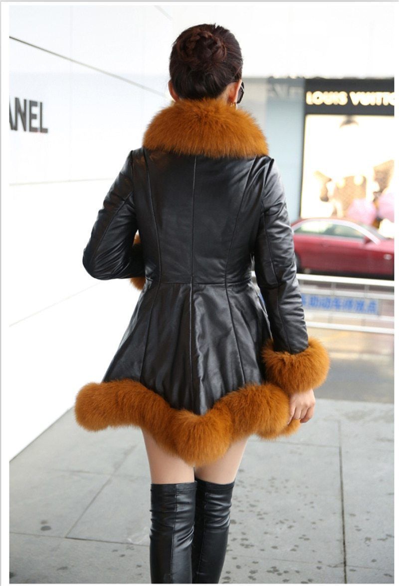 Women's Leather Jacket Faux Fox Fur Collar
