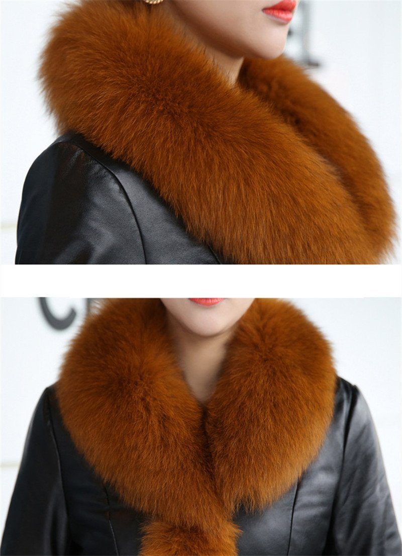 Women's Leather Jacket Faux Fox Fur Collar