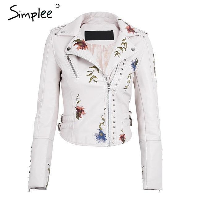 Embroidery Floral Faux White Leather Jacket