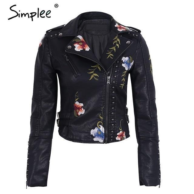 Embroidery Floral Faux White Leather Jacket
