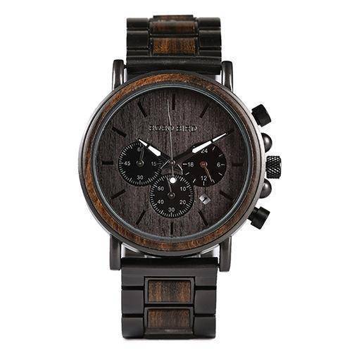 Wood and Stainless Steel Wooden Watch w/ Luminous Hands Mens Quartz Wristwatch