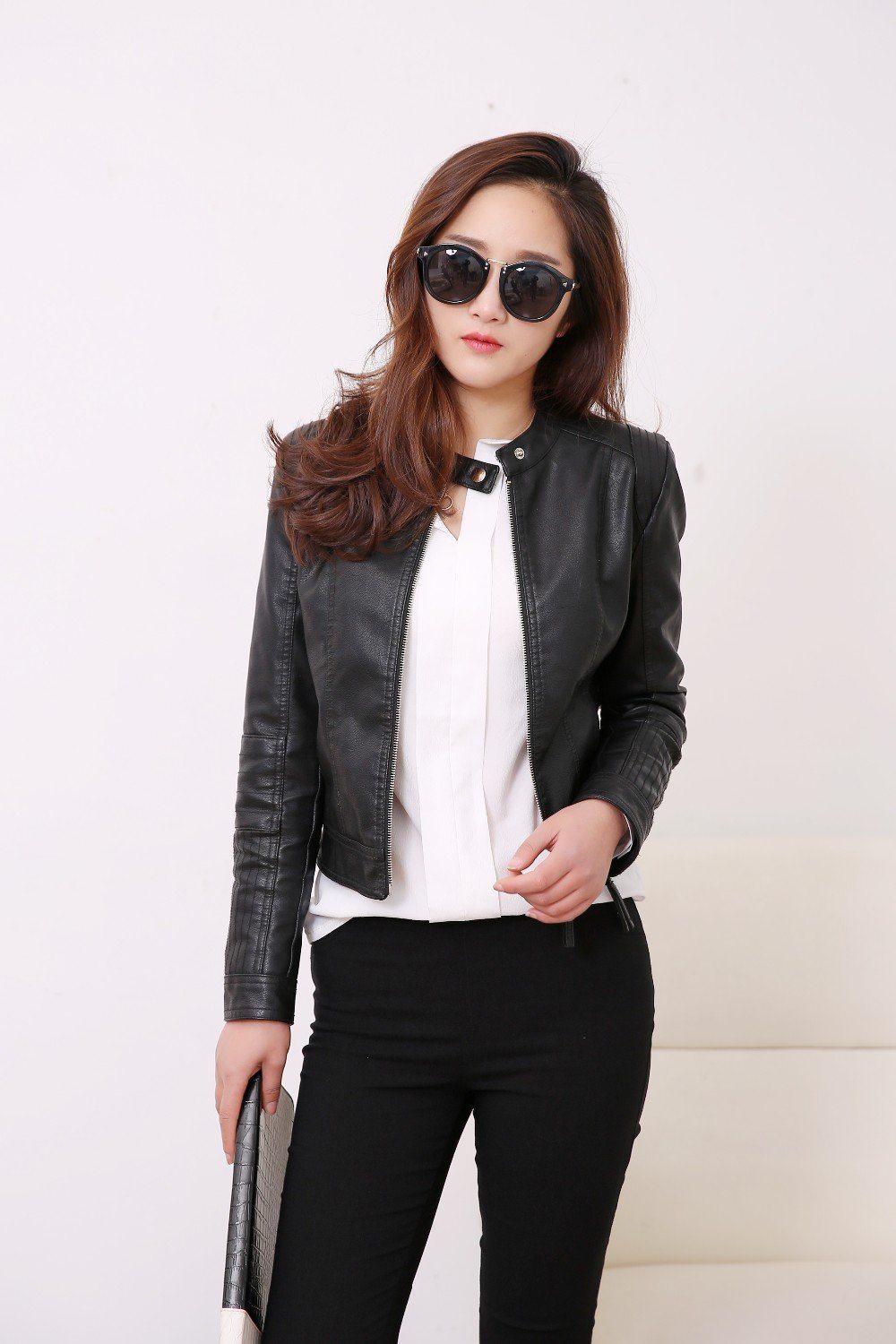 FTLZZ European Style O Neck PU Leather Jacket