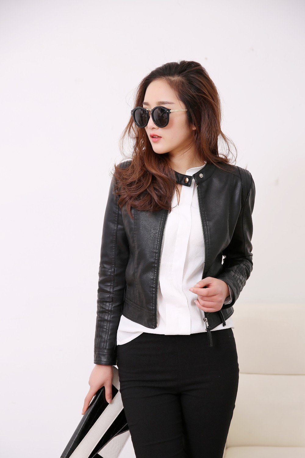 FTLZZ European Style O Neck PU Leather Jacket