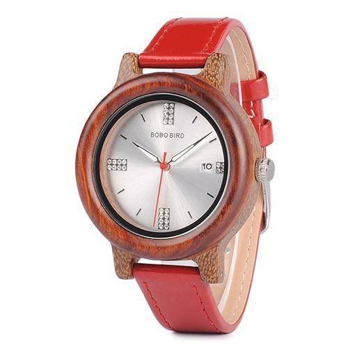 Womens Wooden Watch (Pink or Red) With Date Display