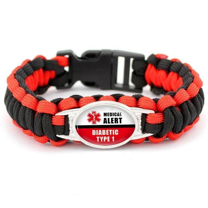 Diabetic Medical Alert Bracelet - Red/Black Braided Rope for Type 1 and Type 2 Diabetes