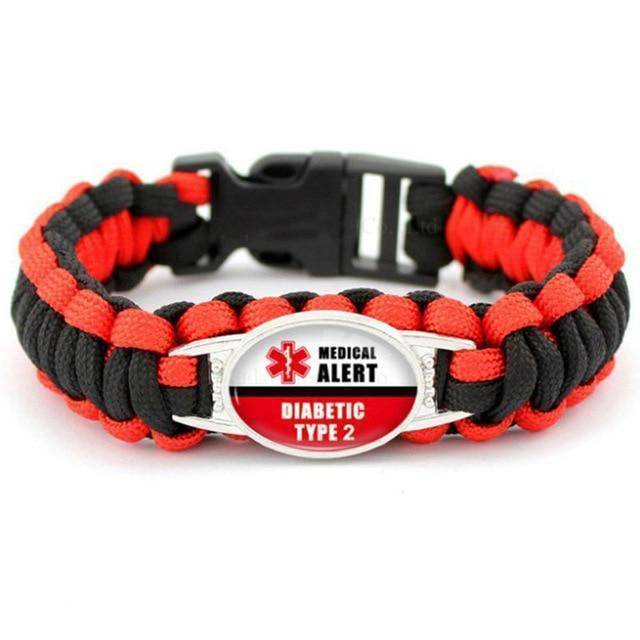 Diabetic Medical Alert Bracelet - Red/Black Braided Rope for Type 1 and Type 2 Diabetes