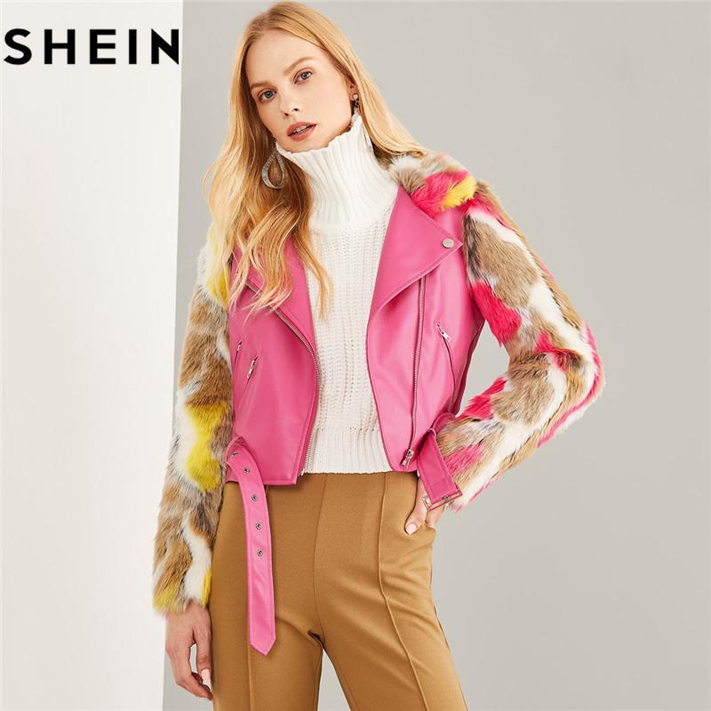 Hot Pink Faux Fur Sleeve Belted PU Leather Outerwear 2018