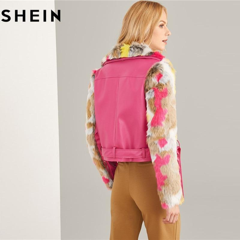 Hot Pink Faux Fur Sleeve Belted PU Leather Outerwear 2018