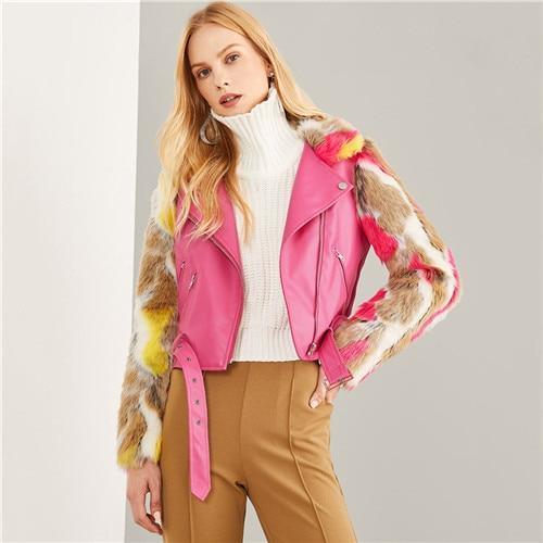 Hot Pink Faux Fur Sleeve Belted PU Leather Outerwear 2018