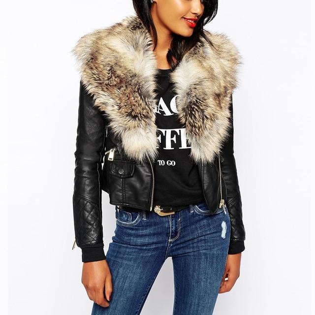 Hot PU Leather Jacket Coat with Faux Fox Fur Collar