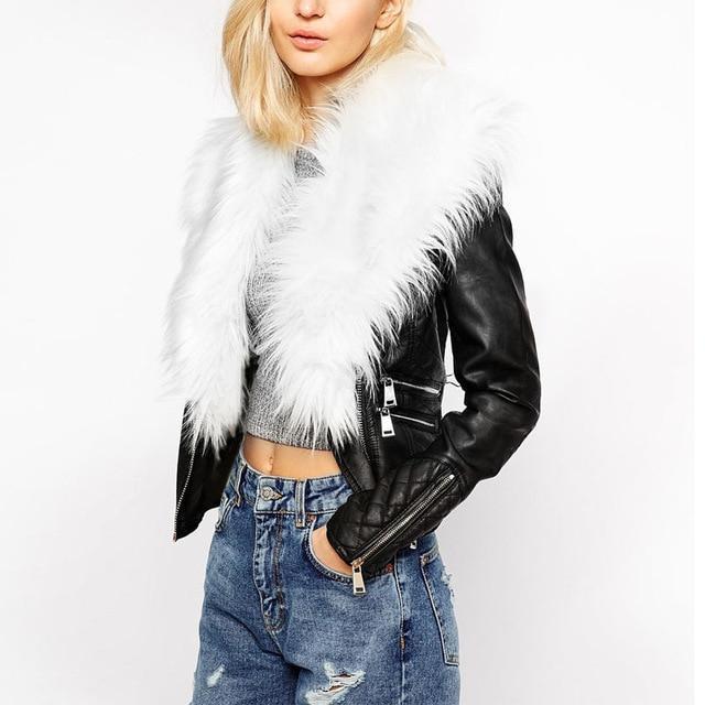 Hot PU Leather Jacket Coat with Faux Fox Fur Collar