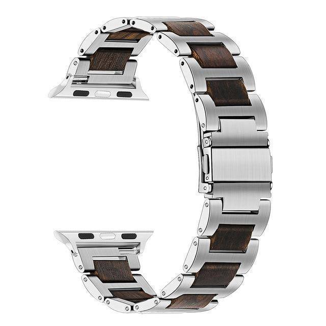 Natural Walnut Wood + Stainless Steel Wooden Watch Band for iWatch Apple Watch 38mm 40mm 42mm 44mm Series 1 2 3 4