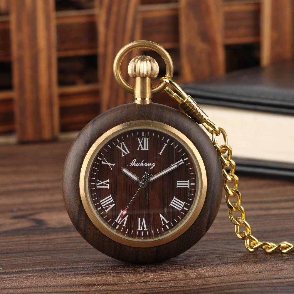 Mens Bamboo Case Pocket Watch - Wooden Dial Simple and Fashionable