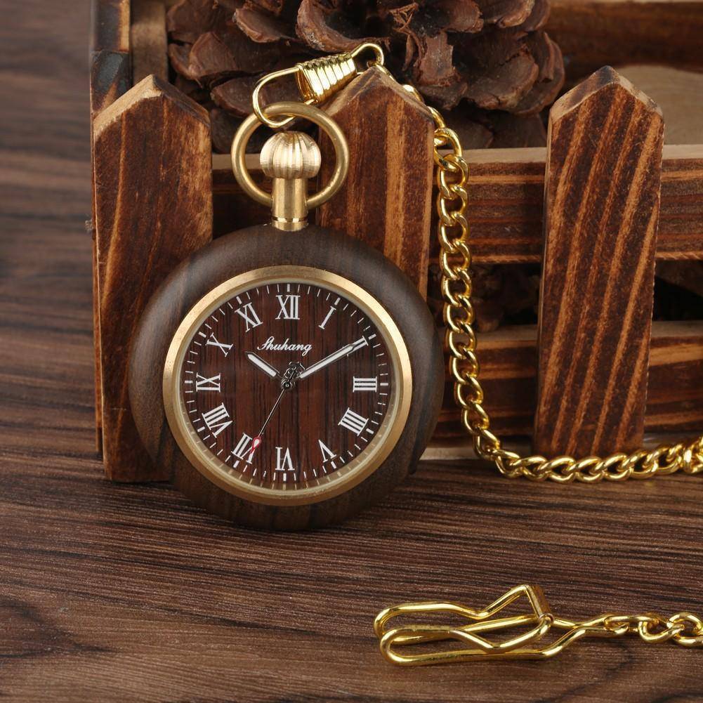 Mens Bamboo Case Pocket Watch - Wooden Dial Simple and Fashionable
