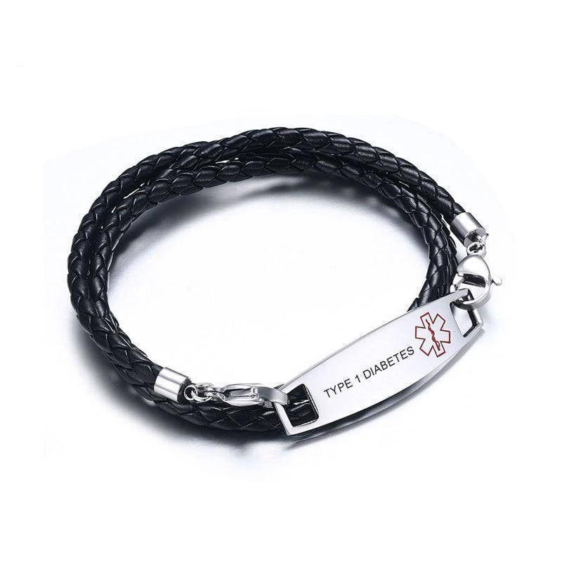 Diabetic Medical Alert Bracelet - Black Braided Leather, Triple Wrapped for Diabetes Type 1 and Type 2