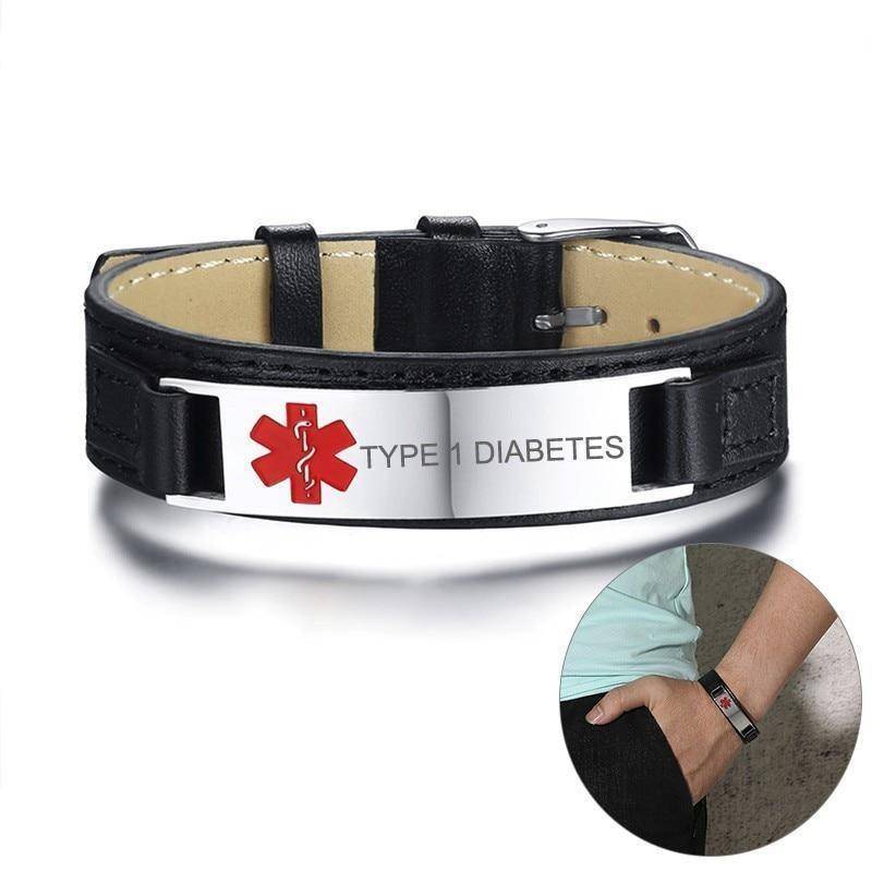 Diabetic Medical Alert ID Bracelet for Men, Genuine Leather For Type 1 and Type 2 Diabetes