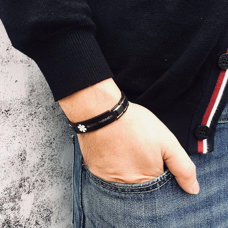 Mens Diabetic Medical Alert ID Bracelet - Black Stainless Steel - For Type 1 and Type 2 Diabetes