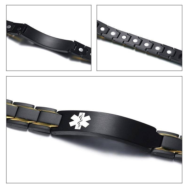 Mens Diabetic Medical Alert ID Bracelet - Black Stainless Steel - For Type 1 and Type 2 Diabetes