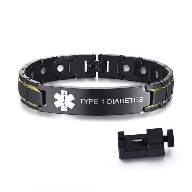 Mens Diabetic Medical Alert ID Bracelet - Black Stainless Steel - For Type 1 and Type 2 Diabetes