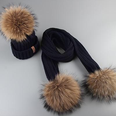 Winter Baby Real Fur Pompom Knit Beanie and Scarves Set for Kids