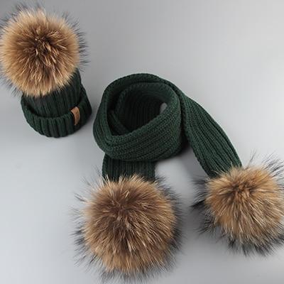 Winter Baby Real Fur Pompom Knit Beanie and Scarves Set for Kids