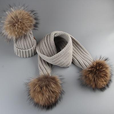 Winter Baby Real Fur Pompom Knit Beanie and Scarves Set for Kids