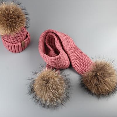 Winter Baby Real Fur Pompom Knit Beanie and Scarves Set for Kids