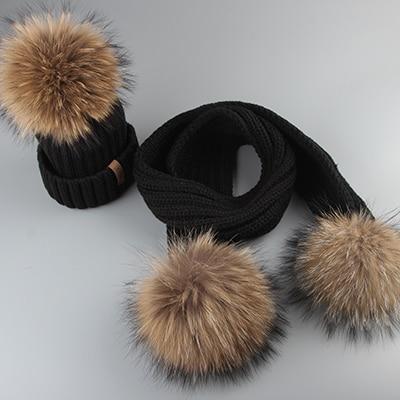Winter Baby Real Fur Pompom Knit Beanie and Scarves Set for Kids