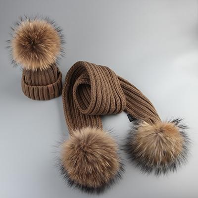 Winter Baby Real Fur Pompom Knit Beanie and Scarves Set for Kids