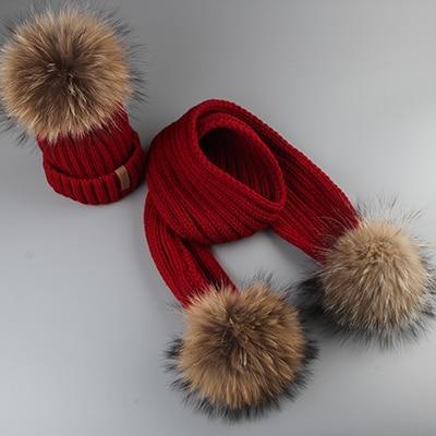 Winter Baby Real Fur Pompom Knit Beanie and Scarves Set for Kids