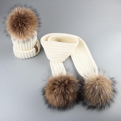 Winter Baby Real Fur Pompom Knit Beanie and Scarves Set for Kids